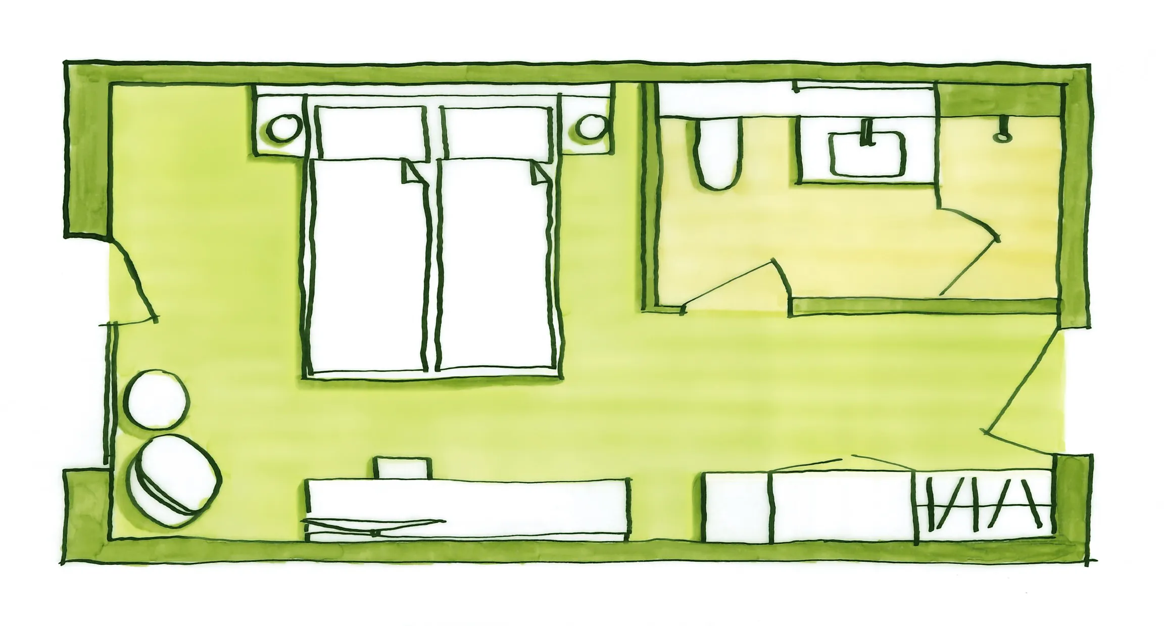 Grundriss des Lifestyle Riverside Zimmers mit Schlafbereich, Bad und Stauraum