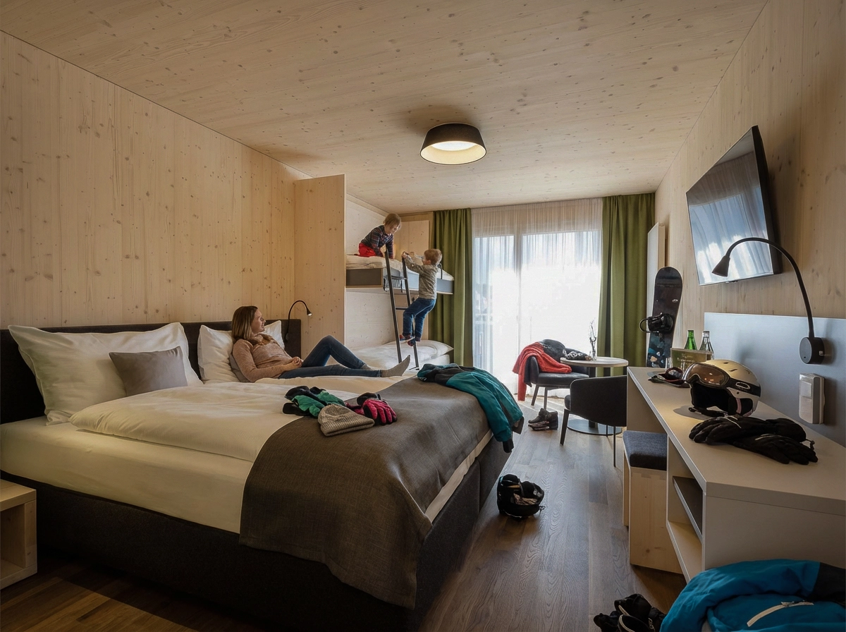 Familienzimmer im AVES Savognin mit Doppelbett, Etagenbett und viel Platz